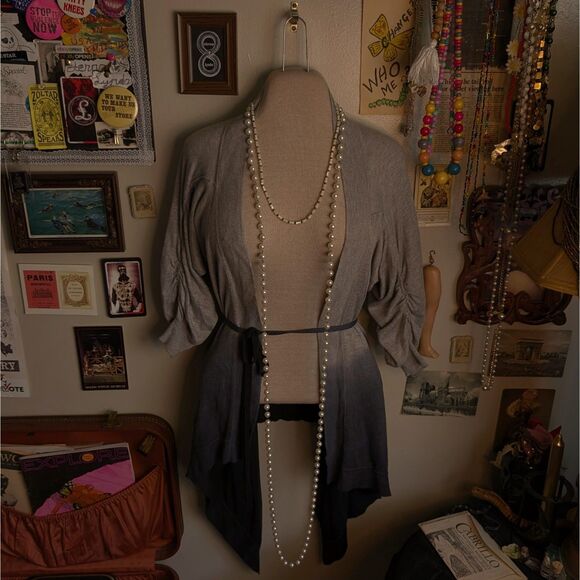 Ombre Dyed Tied Cardigan Women's Small Gray Navy Blue Short Sleeve Wrap - Picture 1 of 5